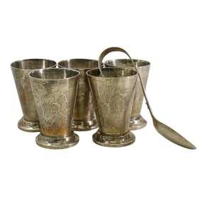 (6 Pc) Chinese Export Silver "Wan Xing" Shot Glasses & Mixing Spoon