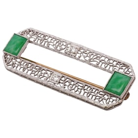 Art Deco 14k White Gold, Diamond, and Jade Brooch