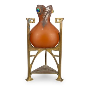 Art Deco Austrian Enameled Glass Vase In Bronze Base