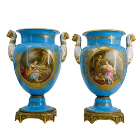 Pair Sevres Hand Painted Porcelain Urns