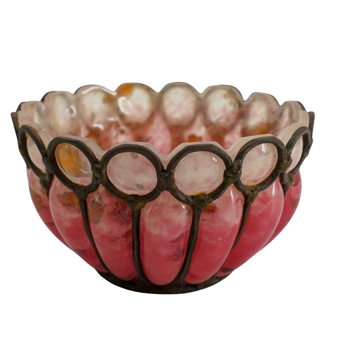 Charles Schneider (French, 1881-1953) Pink Art Glass & Iron Bowl: DESCRIPTION: Charles Schneider (French, 1881-1953) hand blown pink art glass featuring wrought iron frame, signed "Schneider" CIRCA: Early to Mid 20th Century ORIGIN: France DIMENSIONS: H: 3" D: 5" CO