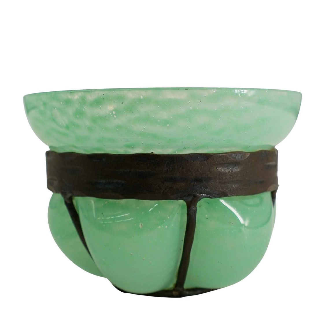 Charles Schneider (French, 1881-1953) Lime Green Blown Glass & Iron Bowl: DESCRIPTION: Charles Schneider (French, 1881-1953) Moulted lime green blown out glass bowl with wrought iron exterior. Retailed by "Stewart New York" Signed "Schneider" Acid etched "France Stewart Et