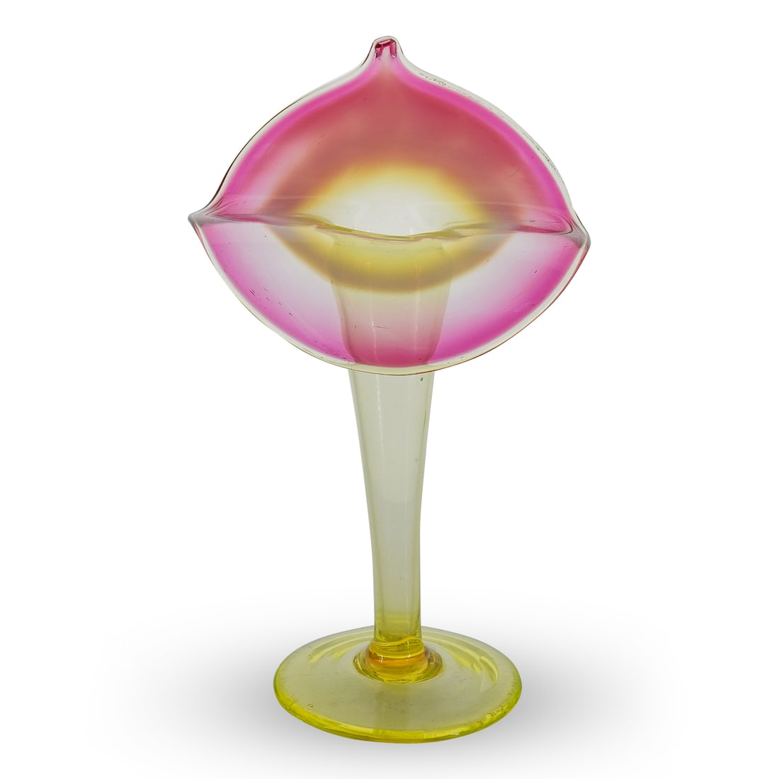 Antique New England Amberina Jack In The Pulpit Vase: DESCRIPTION: Antique amberina jack-in-the-pulpit vase featuring a yellow base and stem supporting a flared pink lip finished with a white halo around the stem. CIRCA: 1920's - 1940's ORIGIN: USA DIMEN