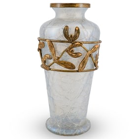 Art Nouveau Loetz Iridescent Art Glass Vase W/ Gilt Brass Accents