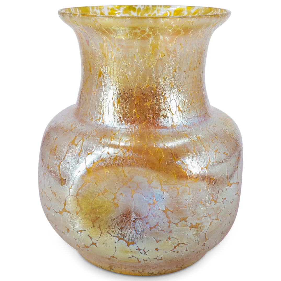 Loetz Candia Papillon Pinch Art Glass Vase: DESCRIPTION: Loetz Candia Papillon Pinch Art Glass Vase. With bulbous form, accents with a pinch design and elongated narrow neck with everted rim. CIRCA: Late 19th-Early 20th Century ORIGIN: Austria