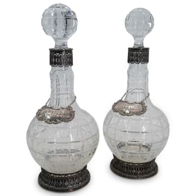 Pair Of Cut Glass Silver Collared Decanters W/ Gorham Nameplates
