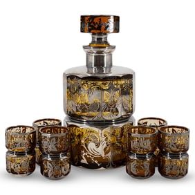 (7 Pc) Antique Moser Glass Silver Overlay Decanter And Shot Glass Set