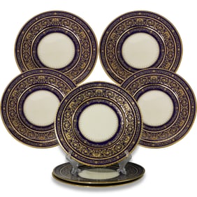(7 Pc) Minton Cobalt Blue and Gilt Porcelain Dinner Plates