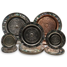 (19 Pc) Vintage Mexican Alpaca Silver Abalone Charger Set