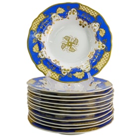 (12 Pc) English Blue Gilded Porcelain Soup Bowls