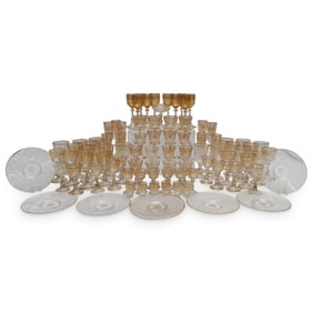 (87 Pc) Antique Bohemian Etched And Gilt Crystal Stemware And Plate Set