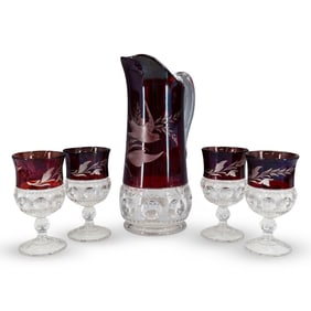 (5 Pc) Bohemian Ruby Cut to Clear Glass Water Pitcher Set