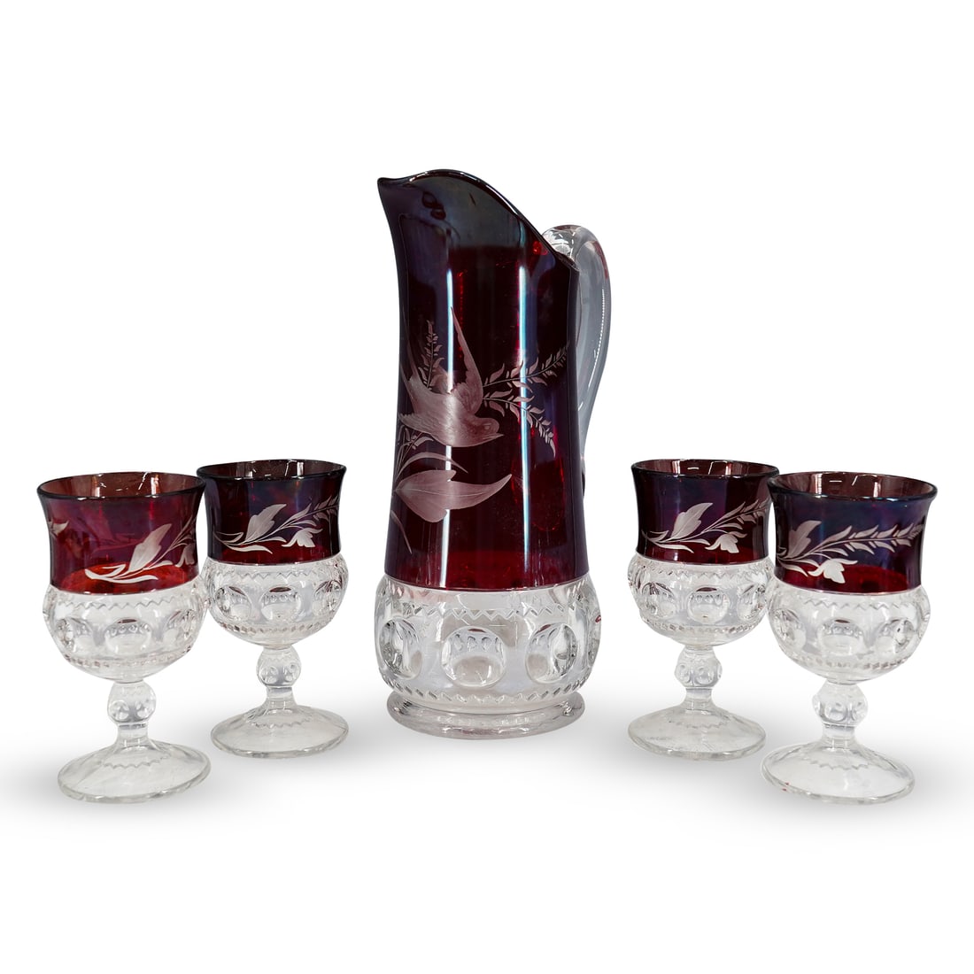 (5 Pc) Bohemian Ruby Cut to Clear Glass Water Pitcher Set (1 of 5)