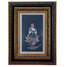 Vintage Framed Pietra Dura Woman with Chickens