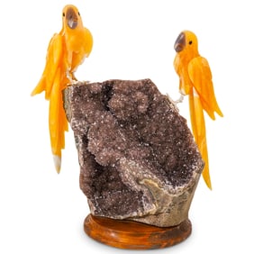 Carved Orange Hard Stone Lapidary Bird Grouping On Geode