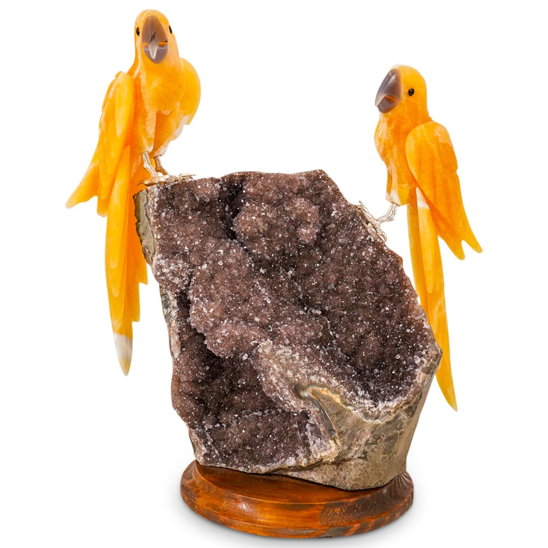 Carved Orange Hard Stone Lapidary Bird Grouping On Geode (1 of 14)
