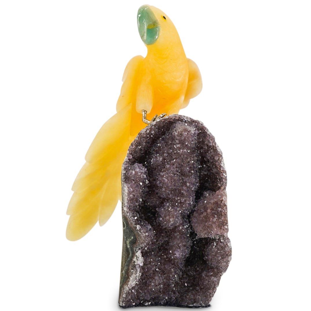 Hardstone Yellow Parrot Bird Sculpture On Amethyst Quartz Base (1 of 6)