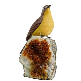 Carved Stone Warbler Bird on Citrine Quartz