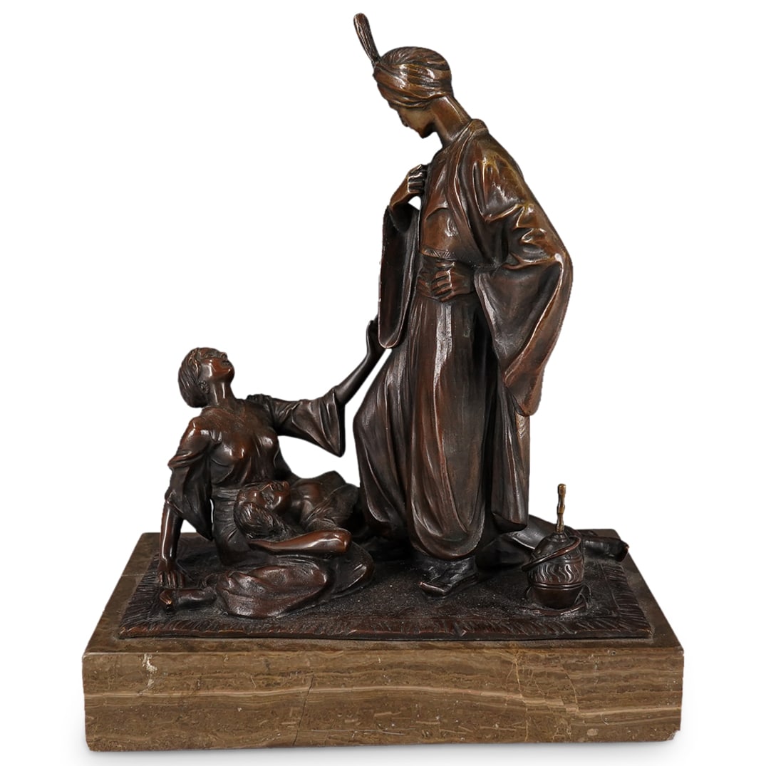 Fritz Winkler (German, 1894-1964) Harem Bronze Sculpture: DESCRIPTION: Fritz Winkler (1894-1964) Germany, antique "The Harem" bronze sculpture depicting a robed gentleman standing looking down at two women. One woman is looking up at him reaching for his arm