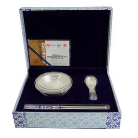 (4 Pc) Chinese Sterling Silver Bowl & Utensils