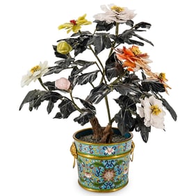 Vintage Chinese Jade And Hardstone Tree In Cloisonne Planter
