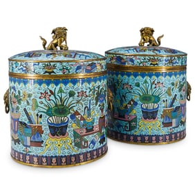 Pair Of Antique Chinese Cloisonne Round Scholar's Object Boxes