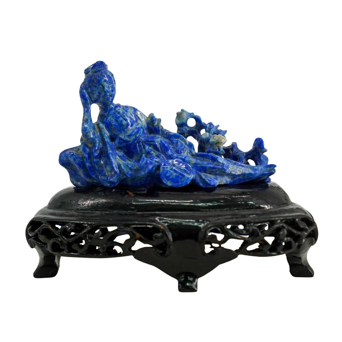 Antique Chinese Carved Lapis Lazuli Courtier On Wood Base: DESCRIPTION: Antique carved lapis lazuli figurine depicting a reclining woman. Mounted on carved wood base. CIRCA: 19th Century ORIGIN: China DIMENSIONS: Figurine - H: 1.75" W: 1.25" L: 2.75" Base - H
