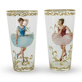 (2 Pc) Fritz Heckert Ballerina Blown Enamel Glasses