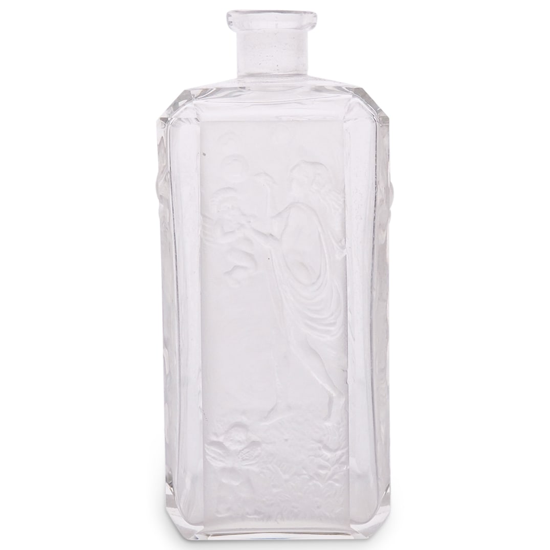 Heinrich Hoffman Art Glass Perfume Bottle: DESCRIPTION: Heinrich Hoffman Art Glass Perfume Bottle with square form, and raised dimensional frosted designs depicting nude nymphs and cherub figures in semi relief. Marked with Heinrich Hoffman's
