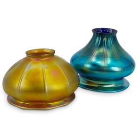 (2 Pc) Gold & Blue Favrile Glass Lamp Shades