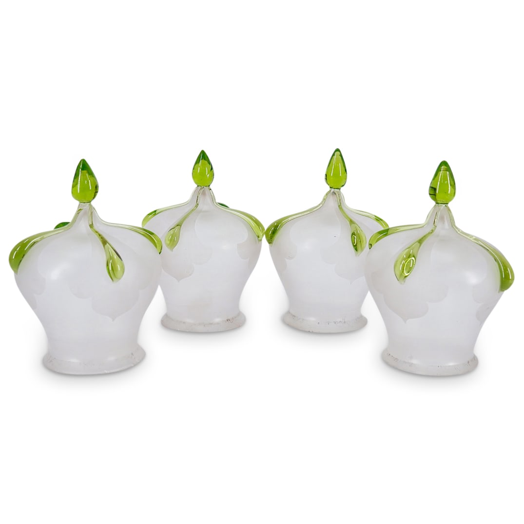 (4 Pc) Art Nouveau Loetz Art Glass Shades Set: DESCRIPTION: (4 Pc) Set of four (4) Loetz art glass tulip shaped shades in translucent frosted clear glass with chartreuse green drop accents. CIRCA: Early 20th Century ORIGIN: Austria DIMENSIONS: H: