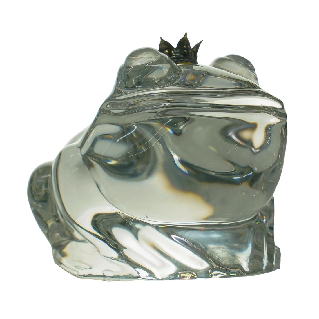 Steuben Style Glass Crowned Frog Figurine: DESCRIPTION: Glass figurine, depicting a seated frog wearing a gold crown. Signed underside "Steuben" CIRCA: 20th Century ORIGIN: USA DIMENSIONS: H: 3.5" W: 3.5" L: 5" CONDITION: Good condition Unless
