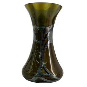 Green Art Glass Vase with Sterling Silver Overlay