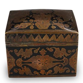 Antique Indian Carved Wood And Mixed Metal Overlay Box
