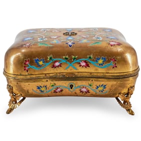 19th Century French Enameled Gilt Bronze Silk Lined Vanity Box