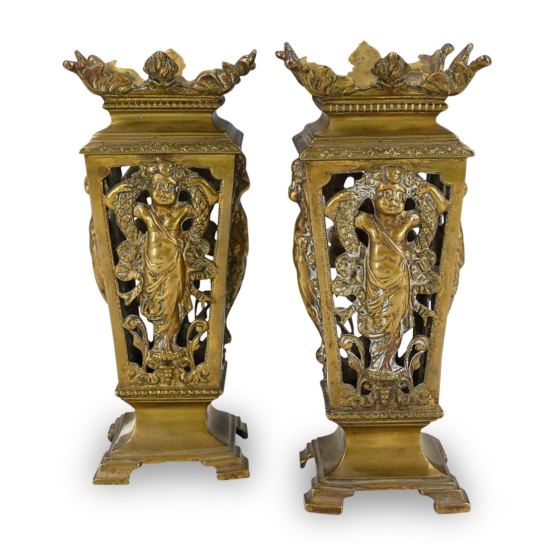 (2 Pc) Antique Bronze Cherub Vases (1 of 4)