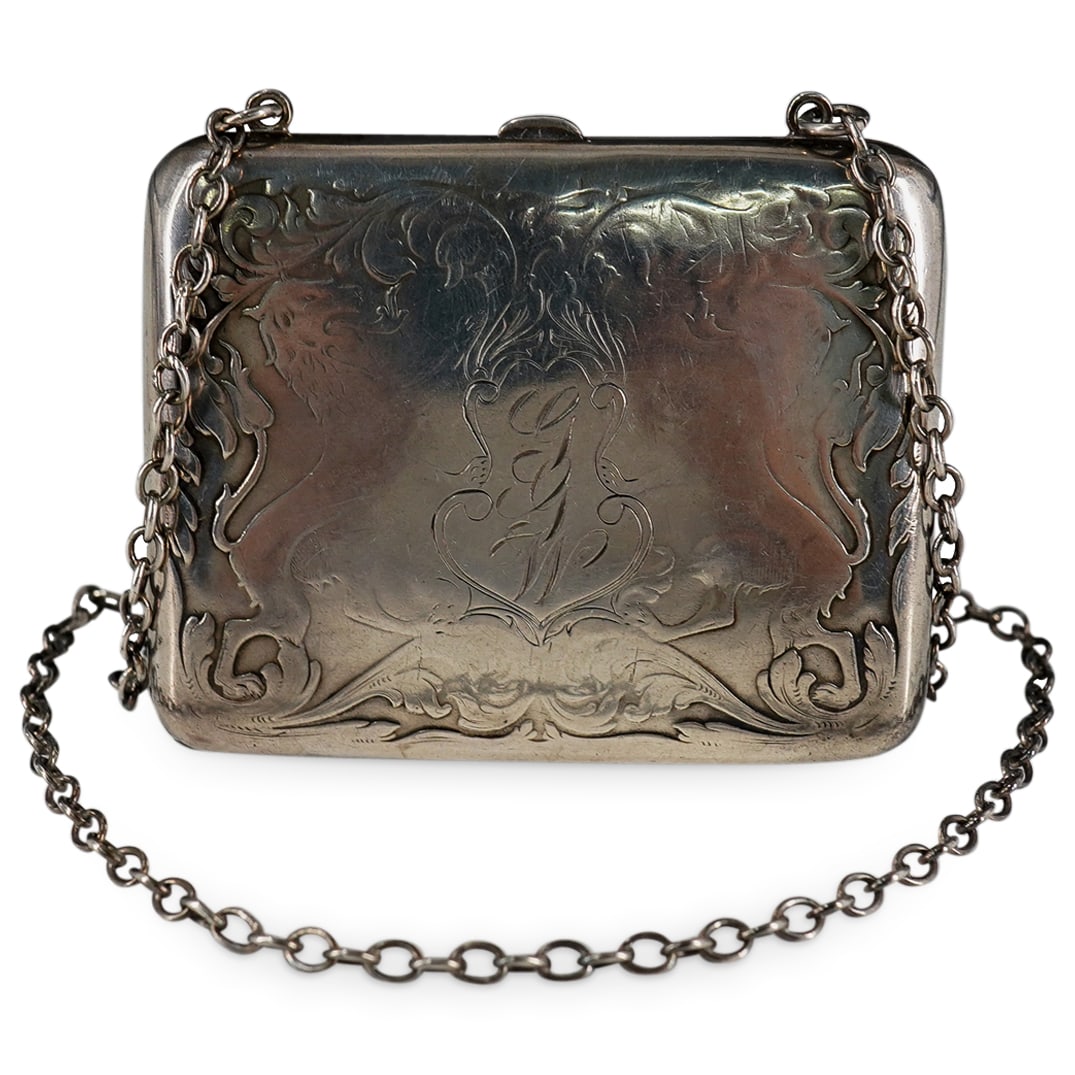 Antique Blackinton Sterling Hand Etched Purse: DESCRIPTION: Antique sterling silver hand etched purse with silver small chain, features hand etched design of two lions facing each other, with script monogram "GGW" in the center on the front. Filig