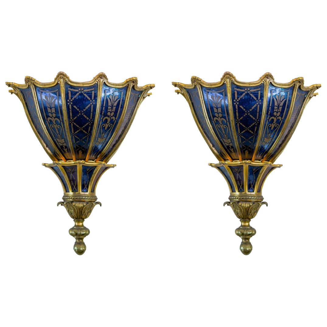 19th C. Large Venetian Gilt Bronze & Eglomise Glass Sconces (1 of 5)