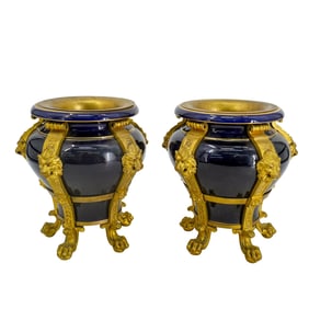 19th Cent. Probably Baccarat Gilt Bronze Mounted Cobalt Blue Opaline Glass Urns