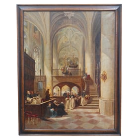 19th Cent. Cathedral Scene Oil On Canvas Painting