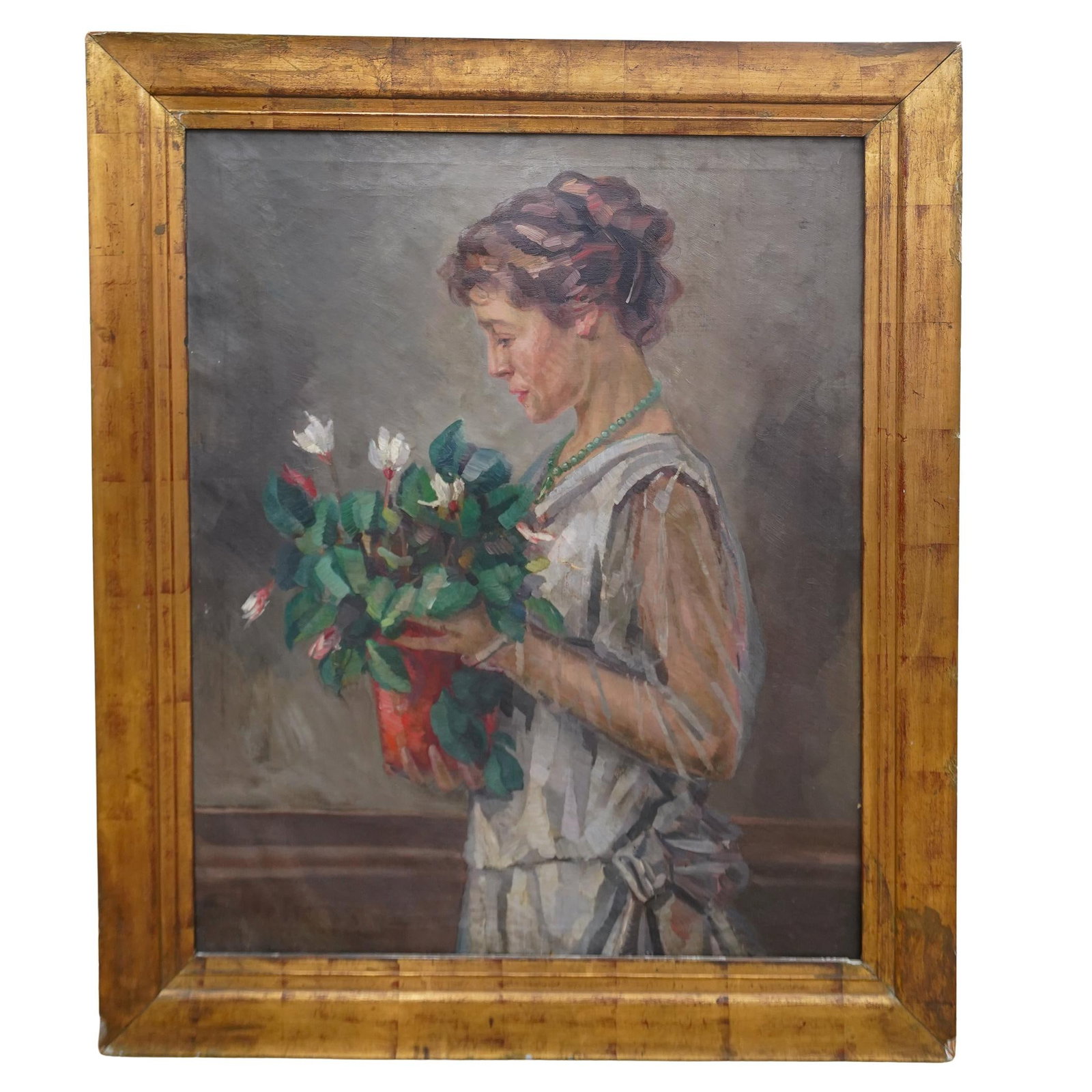 (American School) 19th C. Oil on Canvas Portrait: DESCRIPTION: (American School) 19th Century oil on canvas painting depicting the profile of a woman holding a floral bouquet. Mounted in gilt period frame. CIRCA: 19th Cent. ORIGIN: USA DIMENSIONS: (I