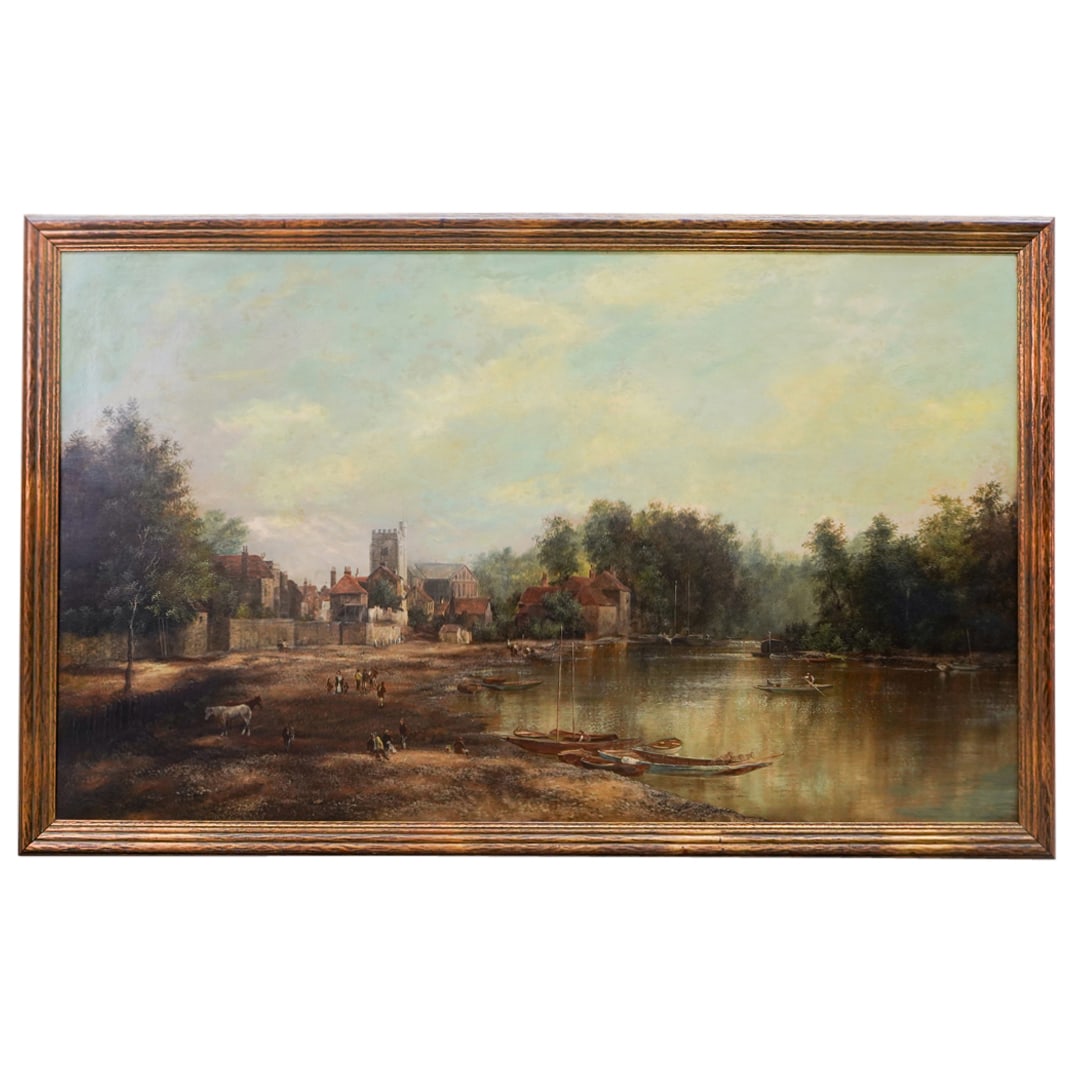 19th C. Oil on Canvas Village Landscape Painting: DESCRIPTION: 19th Century oil on canvas painting, in the manner of John Constable, depicting a village landscape with body of water, tree and foliage covered land, with distant castle-like village det