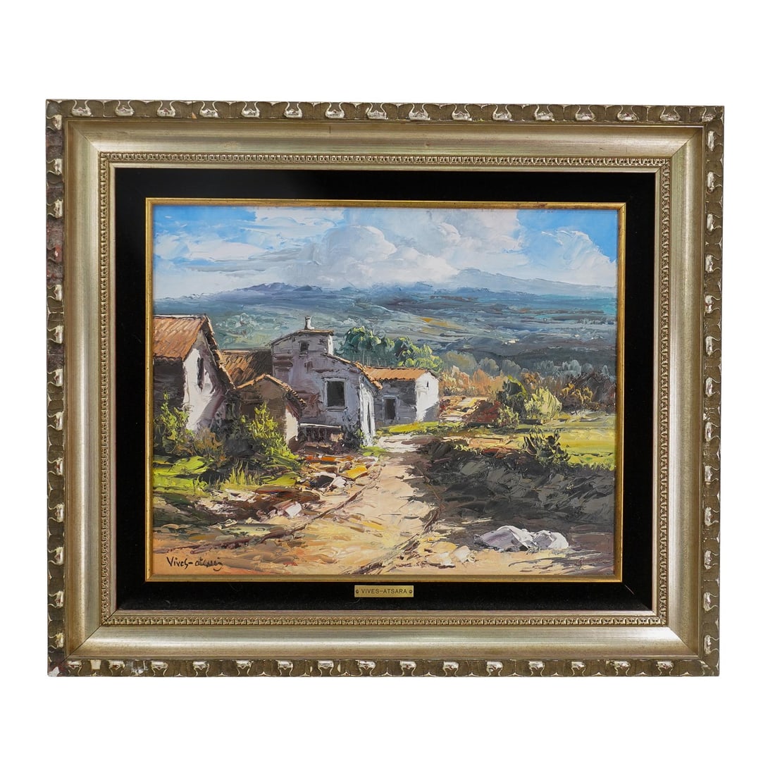 Jose Vives-Atsara (Spanish/American, 1919-2004) Oil Painting: DESCRIPTION: Jose Vives-Atsara oil on board painting depicts a rural Spanish scene with with a countryside house and mountains in the distance, signed along the bottom left. Further marked along the b