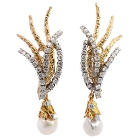 Pair of 18k Gold, Diamond and Pearl Brutalist Earrings