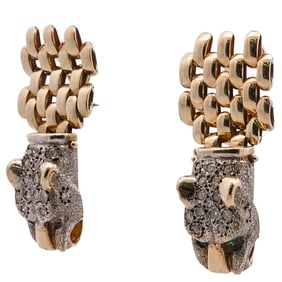 Pair of Cartier Style 14k Gold and Diamond Panthere Earrings