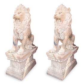 Pair Sienna Marble Carved Guardian Lion Sculptures