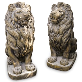 Pair Large Cast Stone Guardian Lion Sculptures