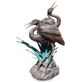 Monumental Bronze Garden Fountain Heron Nature Scene