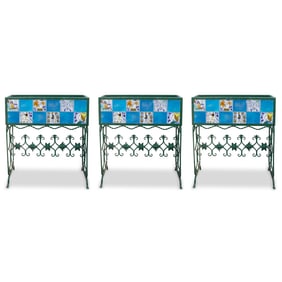 (3Pc) 19th C. Italian Iron & Tile Planters