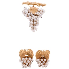 18k Gold and Pearl Grape Leaf Jewelry Set